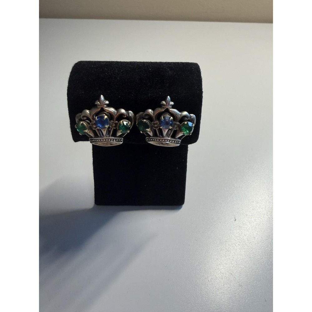 Vintage Sterling Silver Crown Earrings with Stones